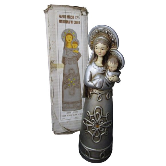Vintage Papier Mache Madonna With Child Figurine Silver Tone Rhinestone Accents - Picture 2 of 16